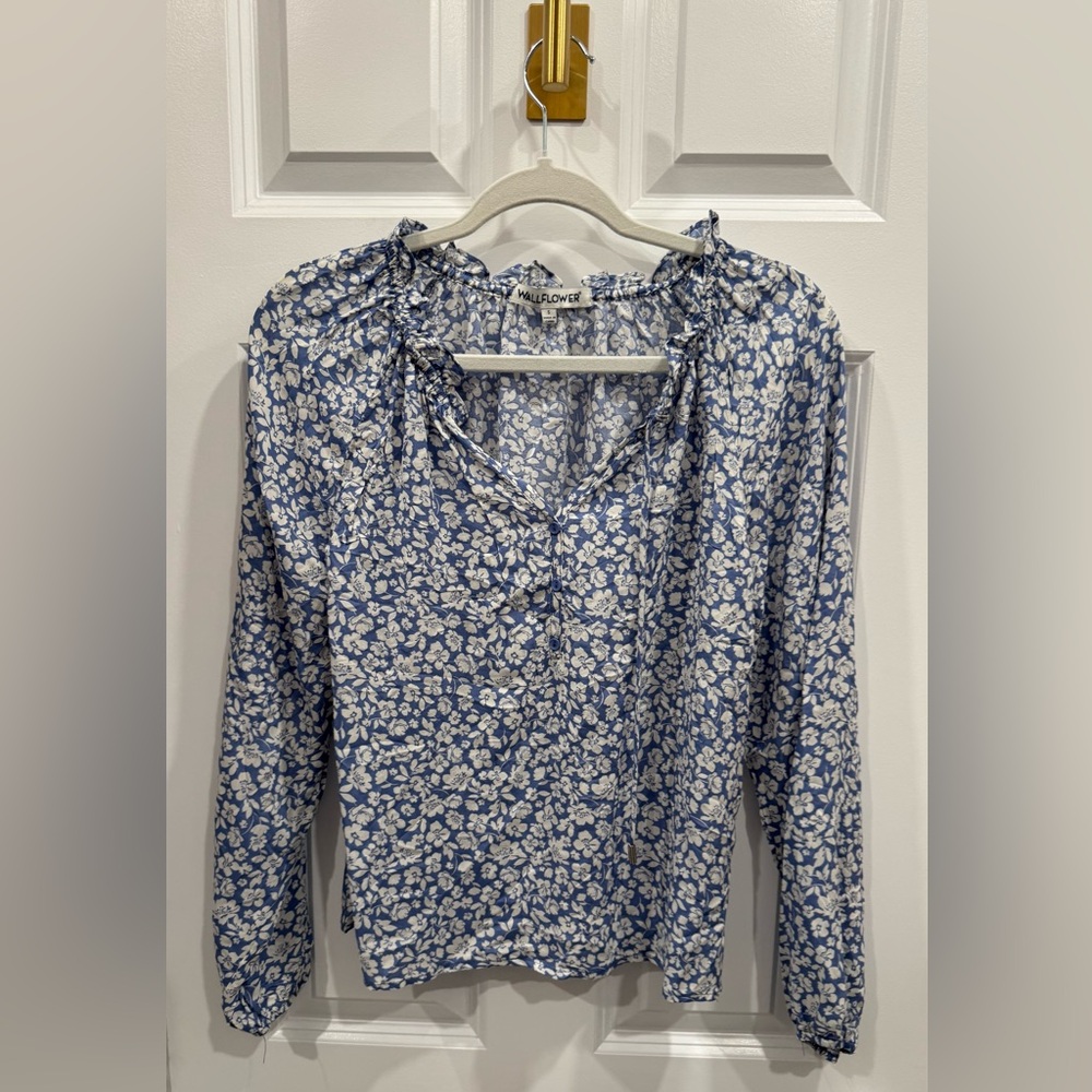 Wallflower Blue and White Floral Ruffled Neck Blouse